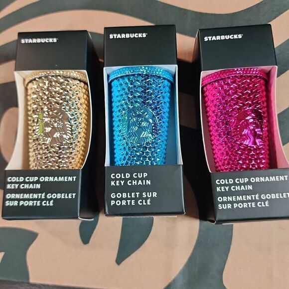 Starbucks Chrome Cold Cup ornament keychains Blue Pink and Gold - Picture 1 of 10